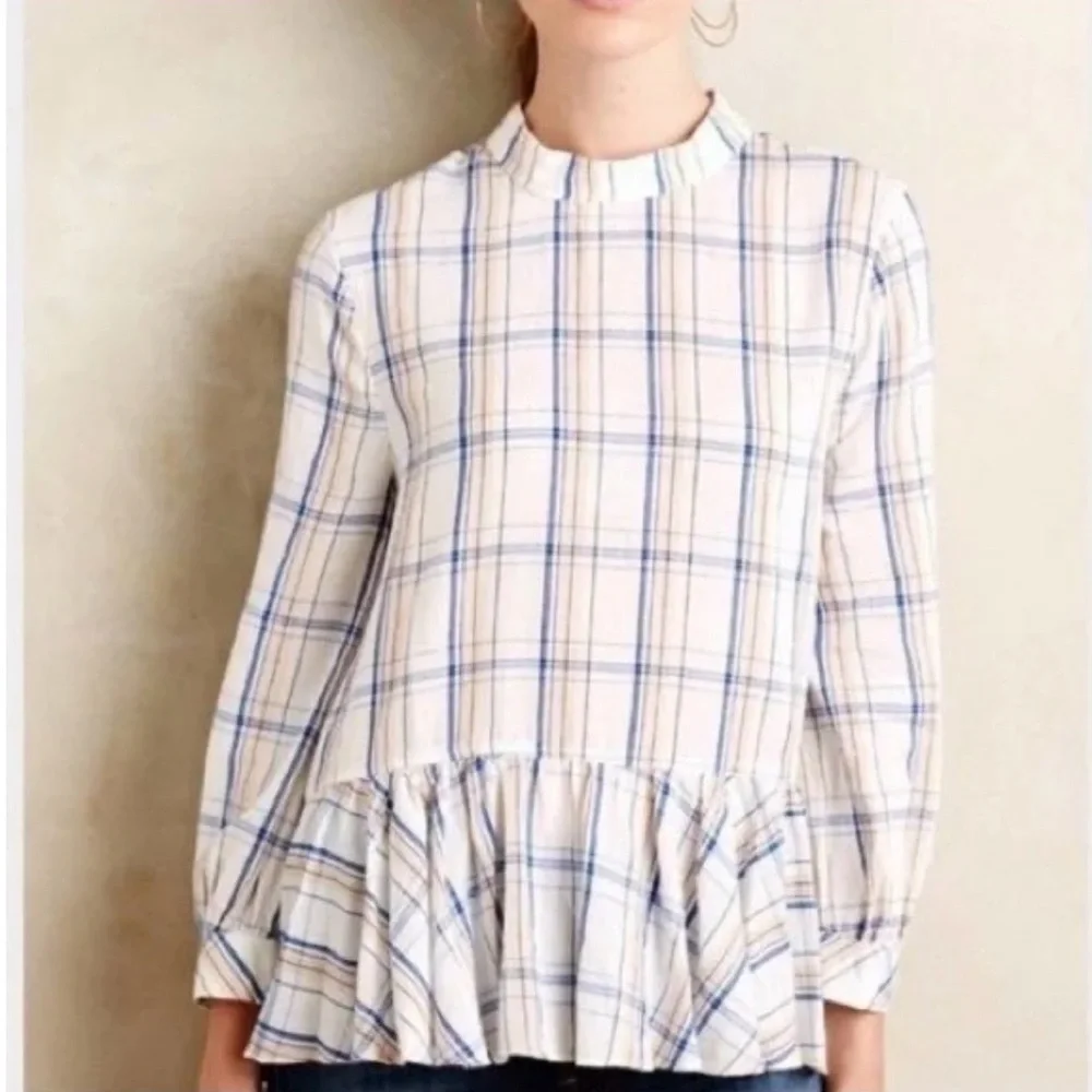Anthropologie Maeve Plaid Peplum Ruffle Hem Top White Sz 6 preppy sku 520 - Picture 2 of 7